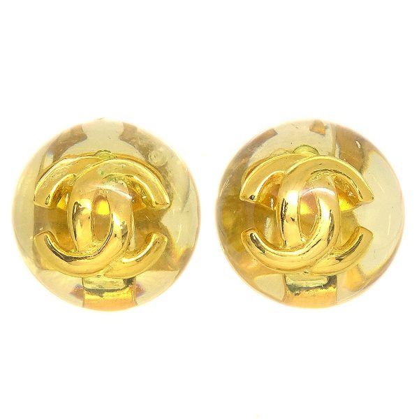 CHANEL 1990 Clear Ball CC Earrings Gold Clip-On 25 88058 on Sale