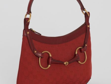 Gucci Vintage Red Monogram Canvas Horse-Bit Hobo Bag Online Sale