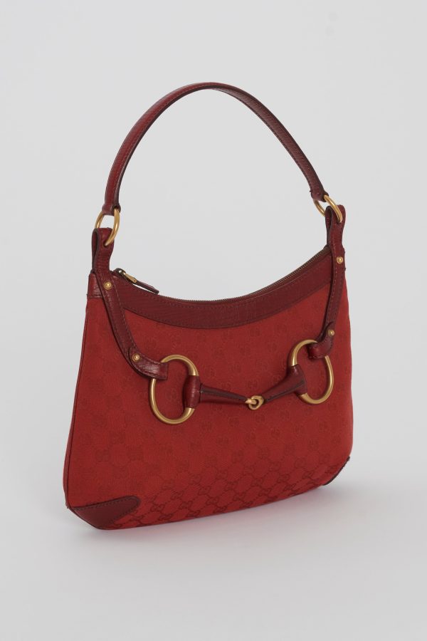 Gucci Vintage Red Monogram Canvas Horse-Bit Hobo Bag Online Sale