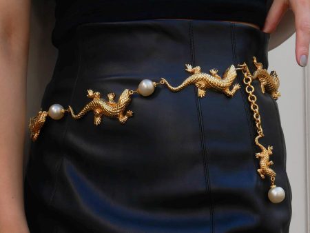 CHANEL 1991 Chain Belt Lizard Charm Faux Pearl Gold 40399 For Cheap