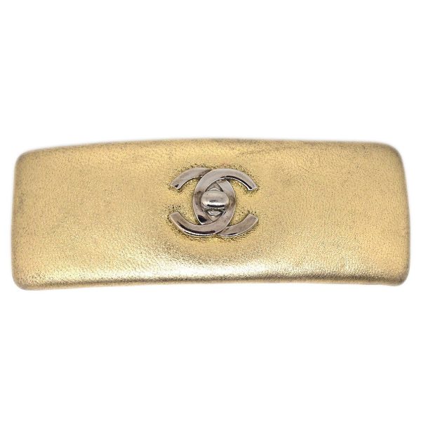 CHANEL 1986-1994 gold leather cc turnlock hair barrette clip 42541 Online Sale