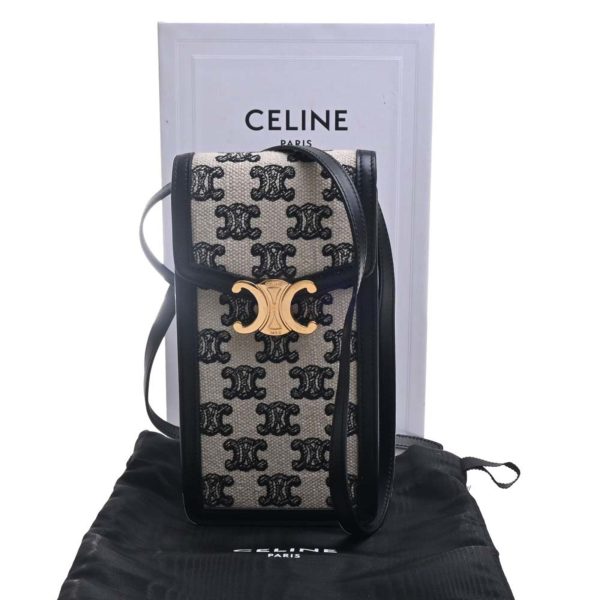 Celine Leather Canvas Triomphe Vertical Mobile Pouch Shoulder Bag Black Women s Sale