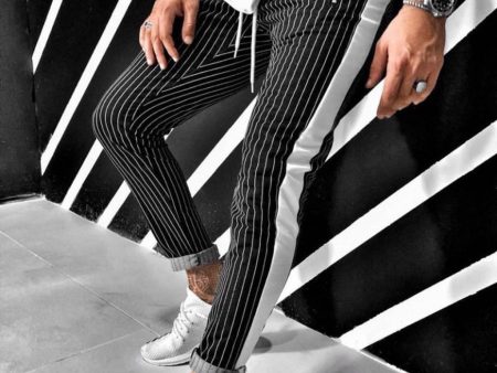 Men s Slim Casual Stripe Print Drawstring Elastic Waist Long Pants Trousers For Sale