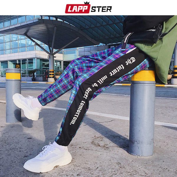 LAPPSTER Men Streetwear Plaid Pants Joggers 2020 Mens Patchwork Blue Sweatpants Ankel-length Cotton Hip Hop Track Pants Trousers Cheap