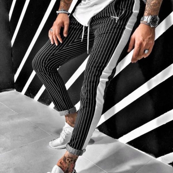 Men s Slim Casual Stripe Print Drawstring Elastic Waist Long Pants Trousers For Sale