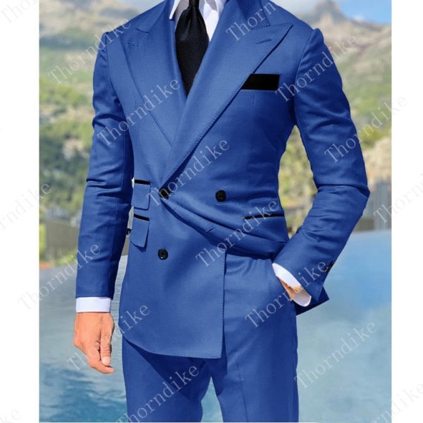 Royal Blue Double Breasted Suits Fashion Men Suits High Quality Custome Homme Terno Slim Fit Masculino Handsome (Jacket+Pants) For Sale