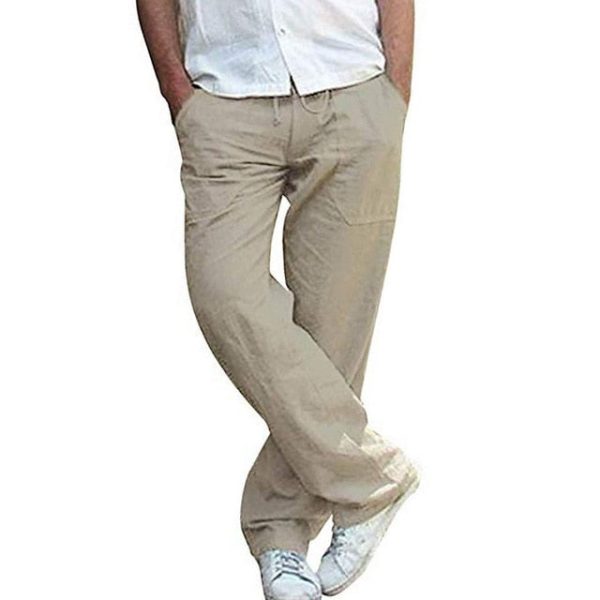 Men Casual Loose Long Pants Drawstring Cotton Linen Straight Trousers Solid Pantalones With Pocket Vintage Autumn Sweatpants Fashion