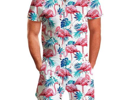 Laamei New Flamingos Floral Print Rompers Men 3D Funny Short Sleeve Jumpsuit Summer Playsuit Overalls Casual One Piece Outfits Supply