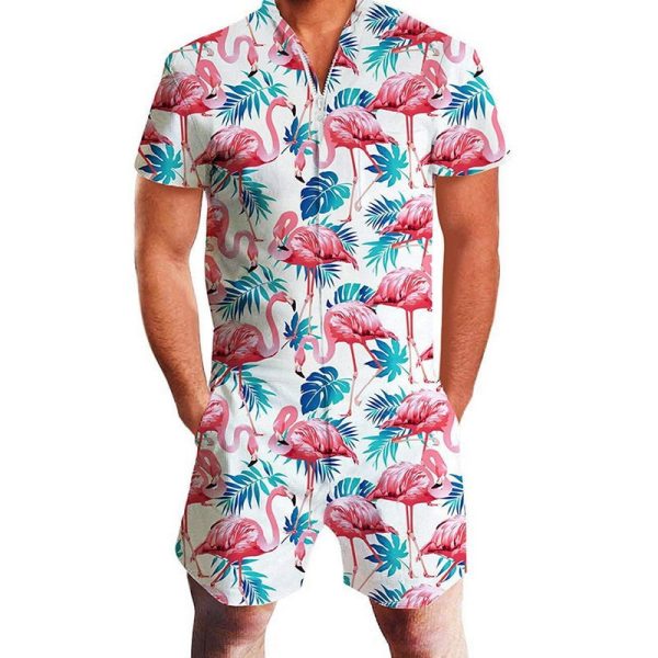 Laamei New Flamingos Floral Print Rompers Men 3D Funny Short Sleeve Jumpsuit Summer Playsuit Overalls Casual One Piece Outfits Supply