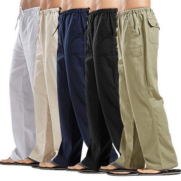 Men Casual Loose Long Pants Drawstring Cotton Linen Straight Trousers Solid Pantalones With Pocket Vintage Autumn Sweatpants Fashion